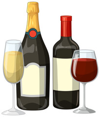 Naklejka premium Vector Illustration of Champagne and Red Wine Bottles with Glasses