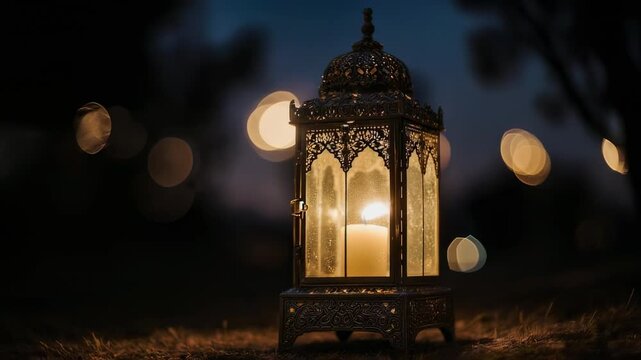 A lantern lit up in a field at dusk with string lights in the background