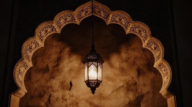 A lantern hangs from a intricately designed archway in a dark room with smoke in the background, evoking an exotic Middle Eastern ambiance