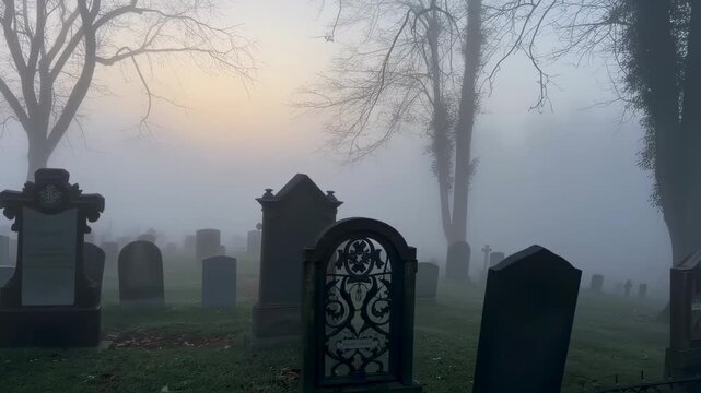 Foggy graveyard scene with headstones and bare trees