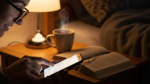 Elderly couple reading together on a cozy bed with a tablet, warm ambient lighting, and a steaming cup of tea nearby - Powered by Adobe