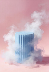 A blue cylindrical object surrounded by smoke on a pink background