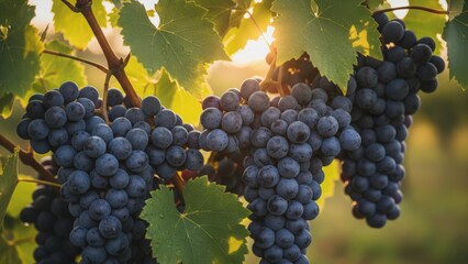 Naklejka premium Ripe Red Grapes Hanging on the Vine in a Vineyard, Ready for Harvest with Sunlight