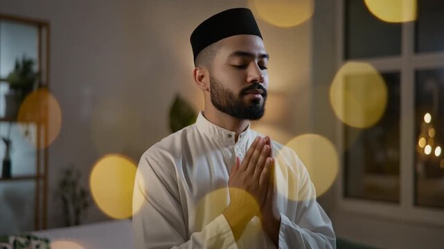 A Muslim man praying in a modern living room with hands clasped in supplication at night