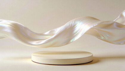 A white circular platform with a flowing white fabric above it