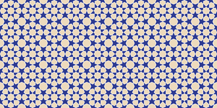 Blue and beige geometric star and circle mosaic tile pattern.