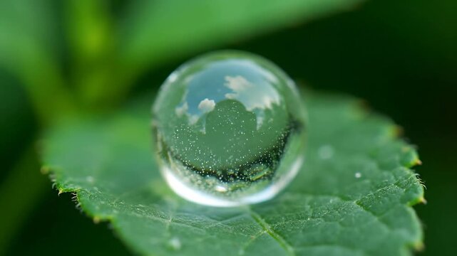 Macro shot of a single water droplet on a green leaf reflecting the sky.