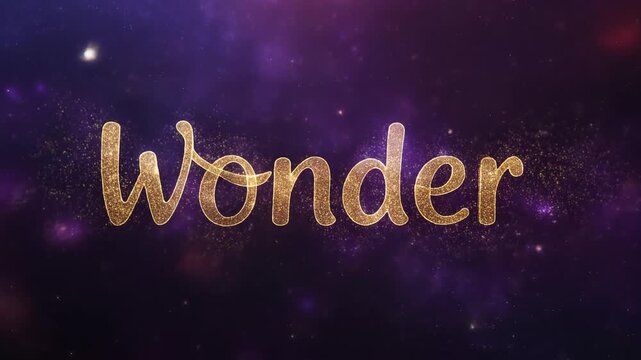 Wonder gold glitter text animation floating in deep purple cosmic space. Awe-inspiring celestial motion graphics for mystery, universe, and magic concepts.