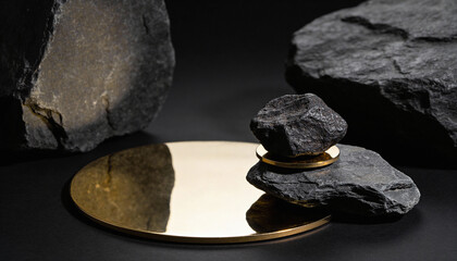A luxurious gold plate with dark gray rocks on a black background