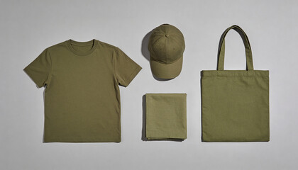 A collection of olive green clothing and accessories on a plain background