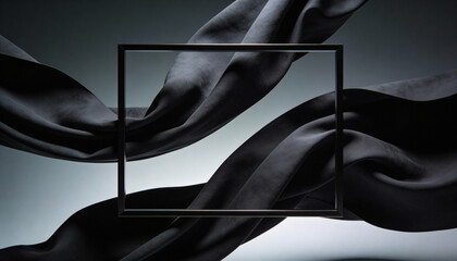 A black square frame surrounded by flowing dark fabric on a gradient background