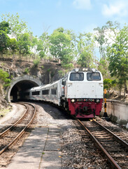 Fototapeta premium Perspective View of Indonesian Long Distance Passenger Train Exiting a Tunnel in a Lush Forest Area, CC206 Diesel Electric Locomotive Kereta Api Indonesia PT KAI Transportation