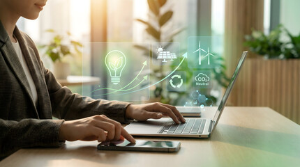 Businesswoman analyzing sustainable growth with ESG hologram and renewable icons