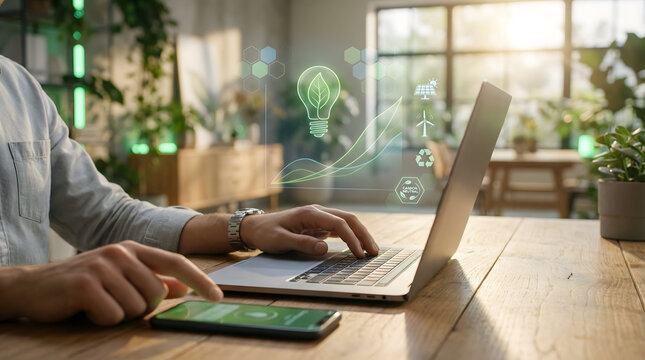 Carbon neutral concept with businessman working on laptop and green energy hologram - Powered by Adobe