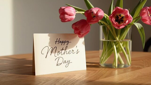 Mothering Sunday Card Handwritten Message and Tulip Vase on Wooden Table