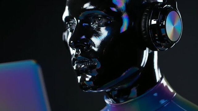 Shared Workspace Safety - Futuristic AI entity with headphones engaging with digital interface, representing advanced monitoring and secure virtual environments.