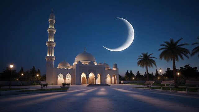 A serene mosque with a tall minaret and illuminated domes under a crescent moon at night in a tropical location with palm trees
