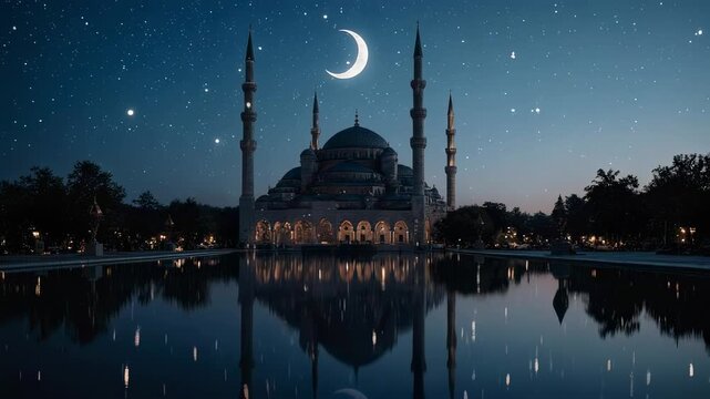 A serene mosque with minarets and a dome reflected in a calm body of water under a crescent moon and starry night sky in a peaceful landscape