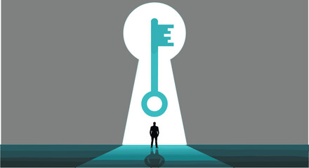 Businessman silhouette standing before a giant glowing keyhole with a floating key, metaphor for career success opportunity and finding the right solution vector illustration
