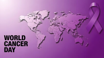 World cancer day purple ribbon on world map background with text