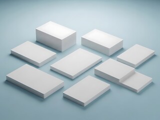 Collection of white rectangular blocks arranged in a grid pattern on a blue surface viewed from an angle
