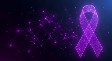 Purple ribbon made of tiny sparkling particles on dark background with constellation