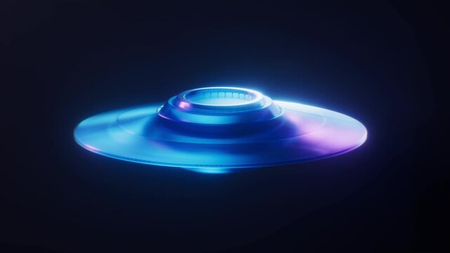 Unidentified flying object rotating in neon blue and pink light against a black background cinematic video loop