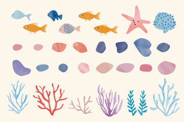 水彩で描いた落書き風海のモチーフのイラストセット