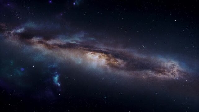 A vibrant galaxy with a bright center and swirling clouds of gas and dust, set against a starry night sky with planets and asteroids in the foreground, used for educational or decorative purposes