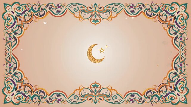 A whimsical, ornate frame with a crescent moon and stars on a beige background, symbolizing celebration, possibly for a greeting card or invitation
