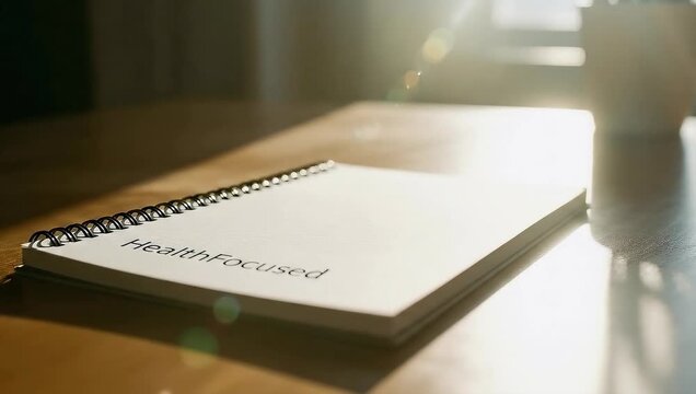 Health Focused Notebook on Desk with Sunlight, Wellness Planning Video