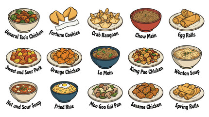 A vibrant overhead view of a display showcasing a grid of Chinese dishes with colorful labels, presenting a diverse variety of traditional Asian cuisine on a tabletop