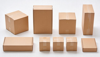 A collection of various sized cardboard boxes on a white background