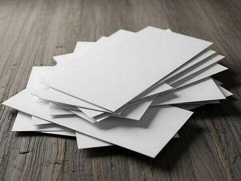 A neatly arranged stack of blank white sheets on a wooden surface viewed from above close-up