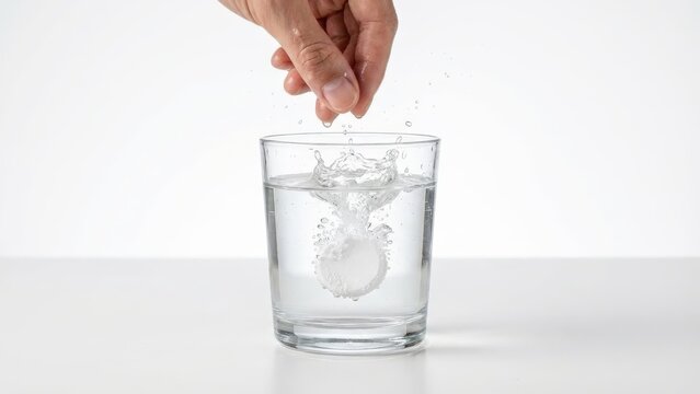 Effervescent Tablet Dropped in Water Glass creating Splash, Hand Action, Healthy Lifestyle Concept