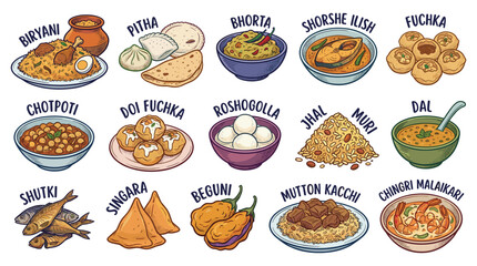 Exploring vibrant Indian cuisine illustration grid showcasing diversity in a white gallery, sixteen cartoon dishes for marketplace promotions from a front‑view perspective