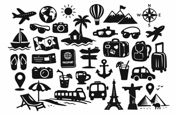 Obraz premium A collection of travel icons including cameras boats and beach accessories