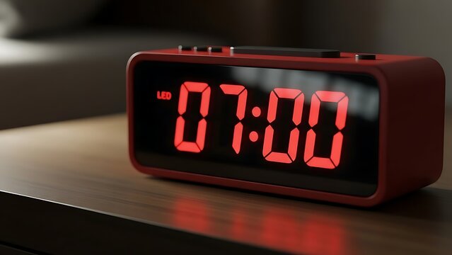 Red digital alarm clock displaying time