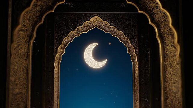Crescent moon shining through ornate archway at night, stars twinkling in dark blue sky, Middle Eastern architecture background for cultural or religious celebrations