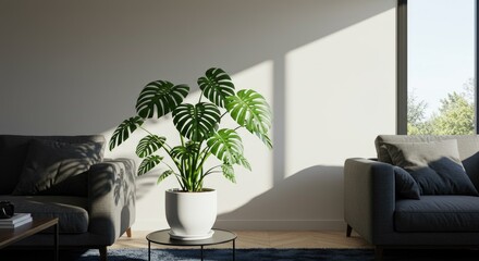 Monstera plant in modern living room with sunlight and neutral tones