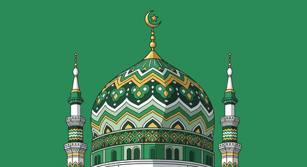 A vibrant illustration of a mosque's dome and minarets against a solid green background.
