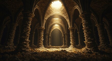 Mysterious gothic architecture with dramatic lighting and arched ceilings