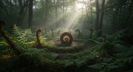Mystical forest scene sunlit clearing with spiraling stone structure