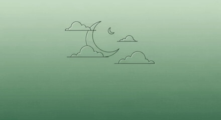A minimalist illustration of a crescent moon and clouds against a gradient green background.