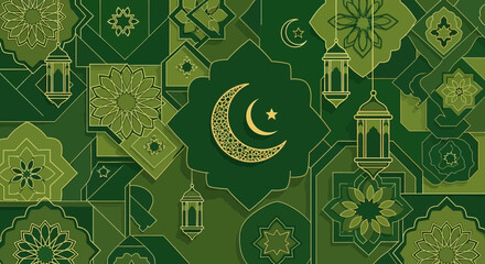 Intricate Islamic geometric patterns and crescent moon motifs in shades of green, symbolizing Ramadan and Eid celebrations.