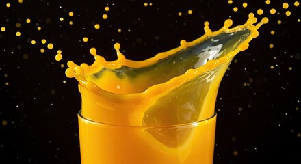 Orange juice splash in a glass against black background for beverage design