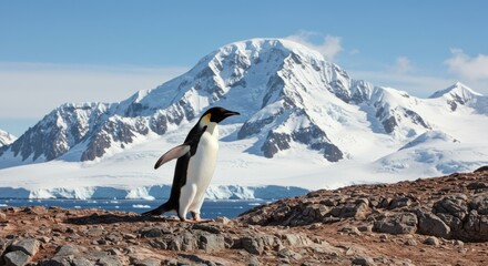 Penguin standing on rocky terrain with snow capped mountain backdrop