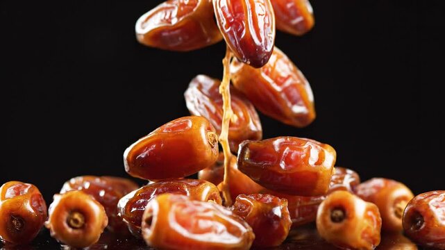 Dried dates falling on reflective surface with black background