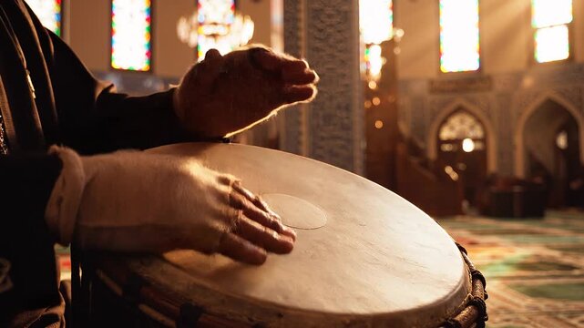 Drummer plays instrument in mosque, hands on drumhead, prayer hall background, religious event