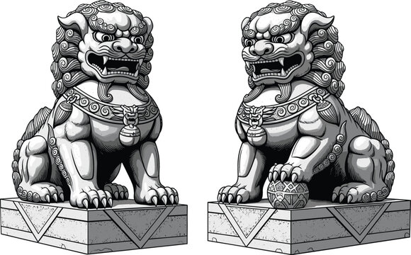 Traditional Chinese guardian lion statues vector illustration featuring a pair of stone Foo Dogs on pedestals for cultural decoration and protection symbols.